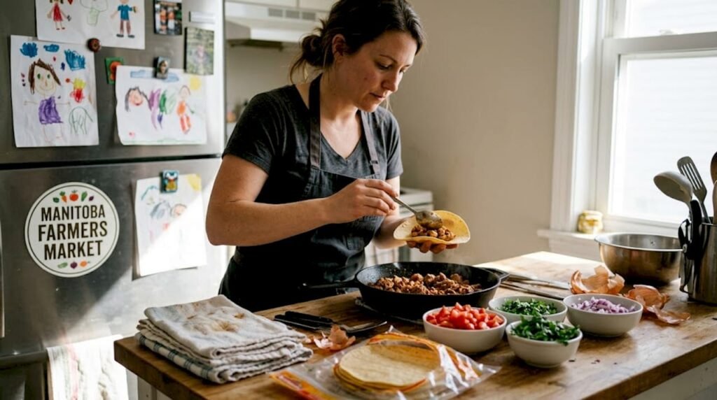 Home cook preparing tacos in family kitchen