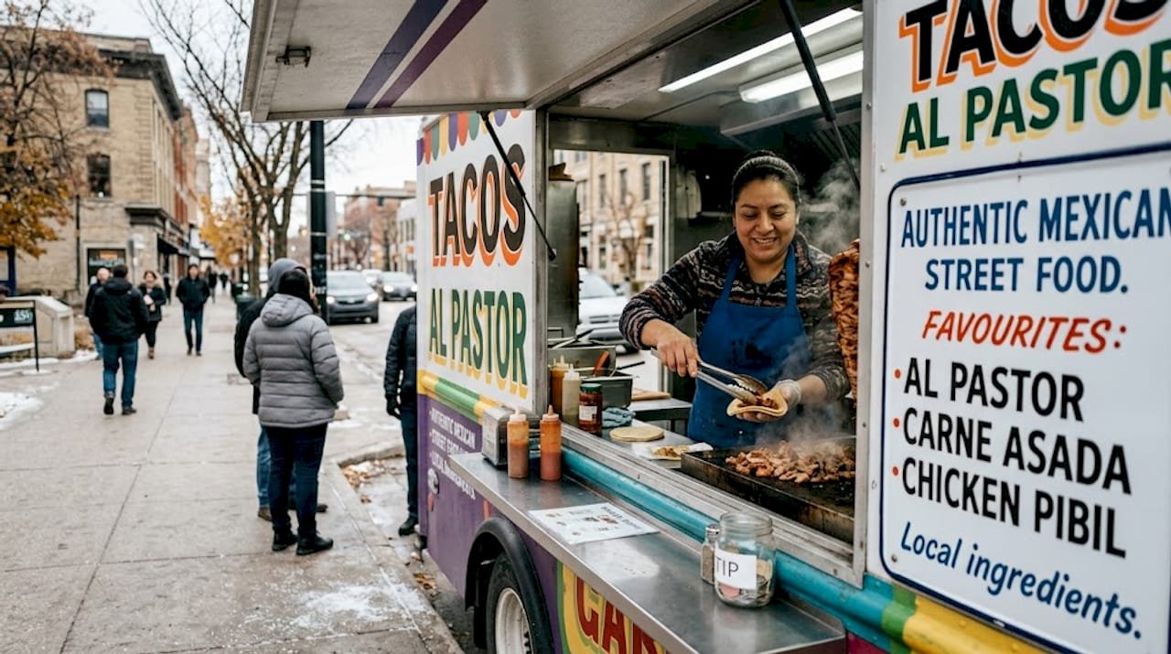 Mexican street food vendor serving tacos outdoors
