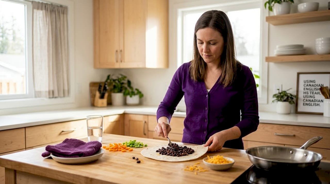 Woman preparing burritos in cozy kitchen
