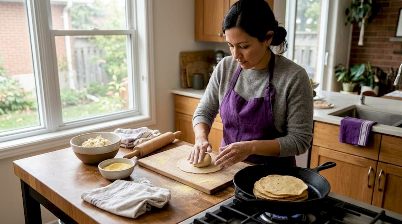Woman making tortillas in cozy home kitchen