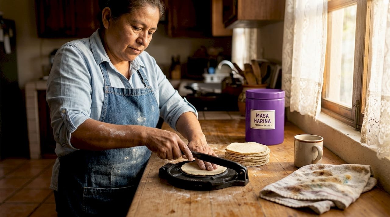 Woman pressing tortillas in sunlit kitchen