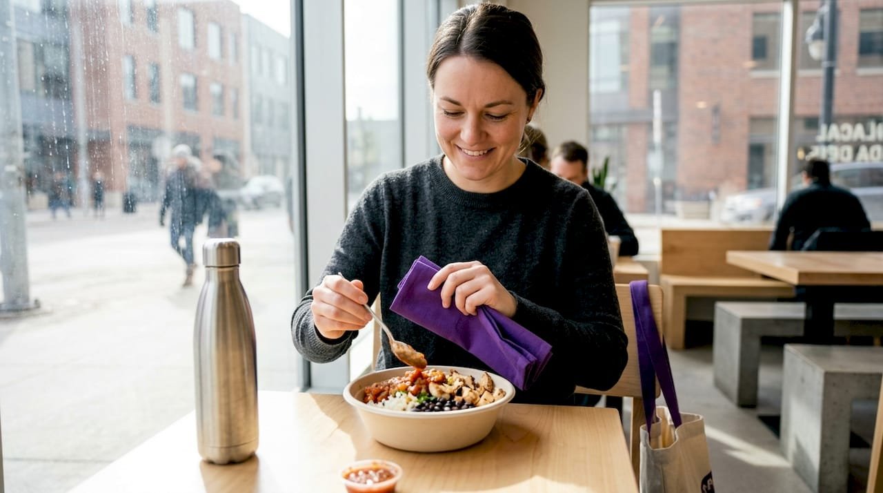 Woman building a fresh burrito bowl in café