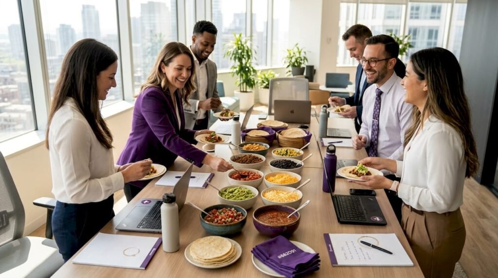 Colleagues assembling tacos at office buffet table