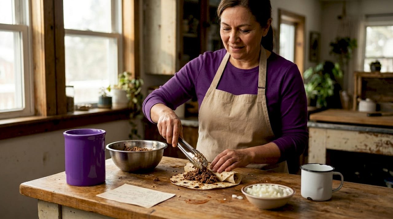 Home cook assembling authentic Mexican burrito