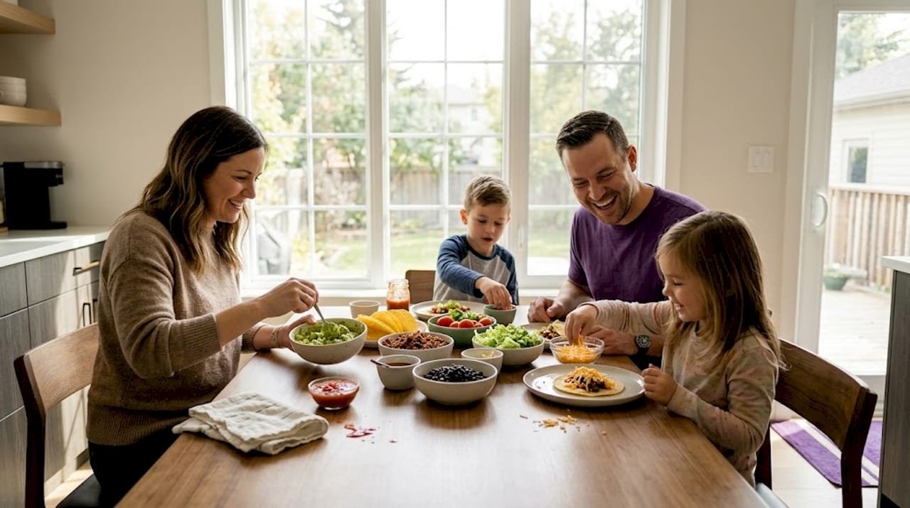 Winnipeg family assembling Mexican meal together