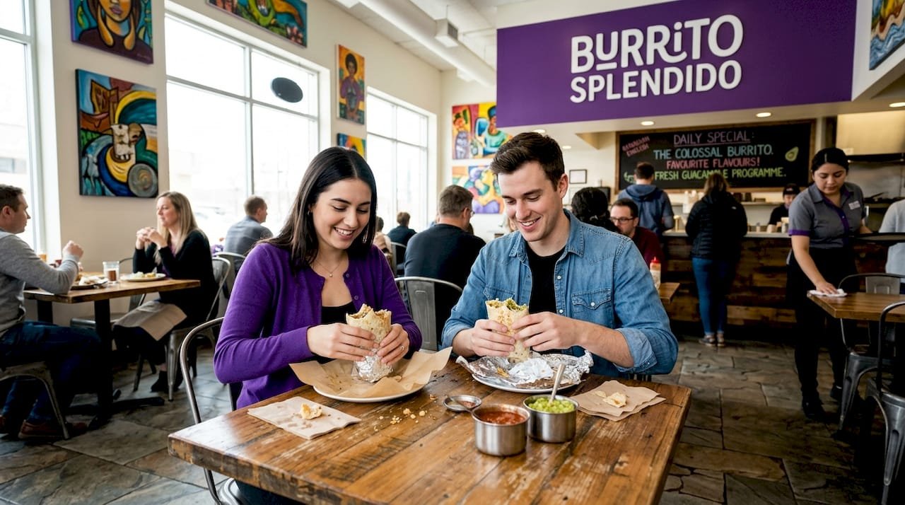 Couple enjoying burritos in Winnipeg restaurant
