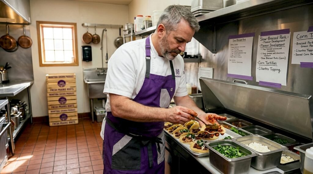 Chef assembling authentic tacos in Manitoba kitchen