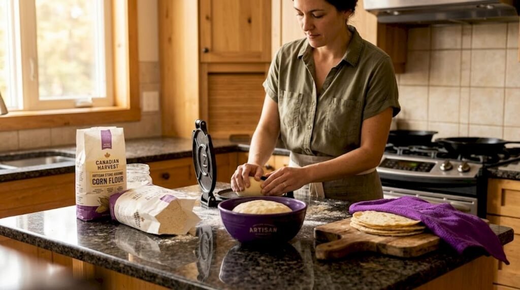 Woman pressing fresh corn tortillas in bright kitchen