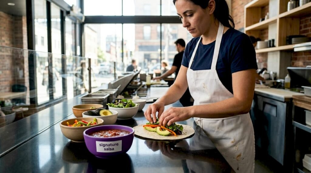Chef assembling fresh burrito ingredients
