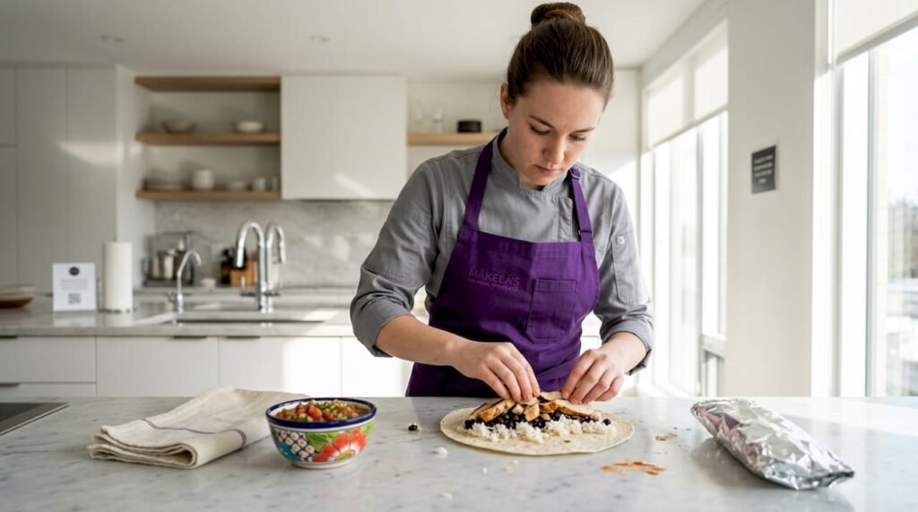 Chef assembling burrito in home kitchen