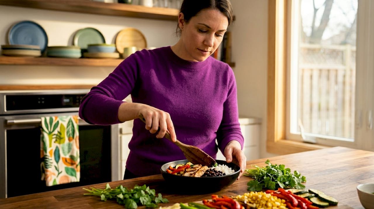 Woman assembling burrito bowl with fresh ingredients