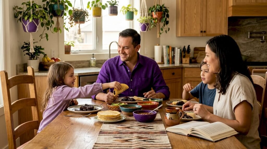 Family dining Mexican cuisine in kitchen