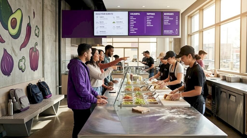 Customers choosing burrito ingredients at modern restaurant