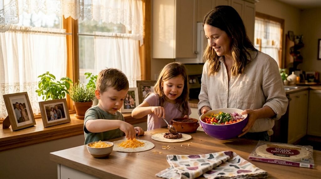 Family assembling burritos together in kitchen