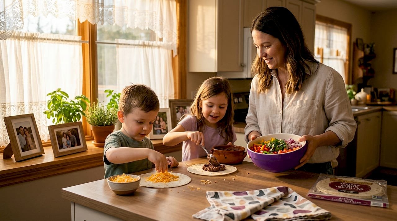 Family assembling burritos together in kitchen