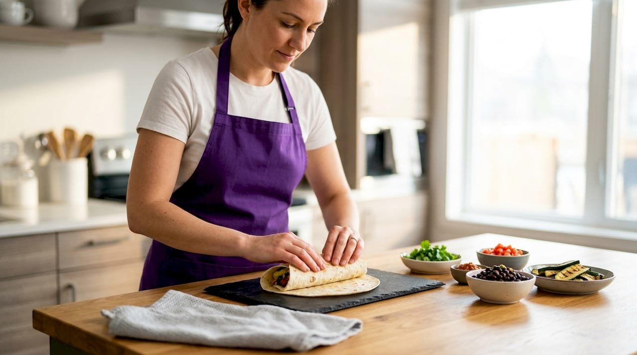 Woman assembling vegan burrito in home kitchen