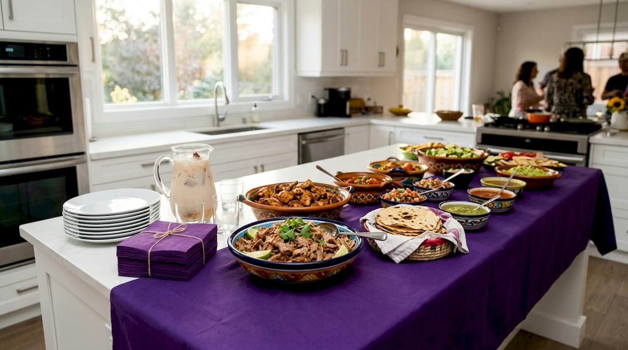 Mexican buffet spread with tacos and sides
