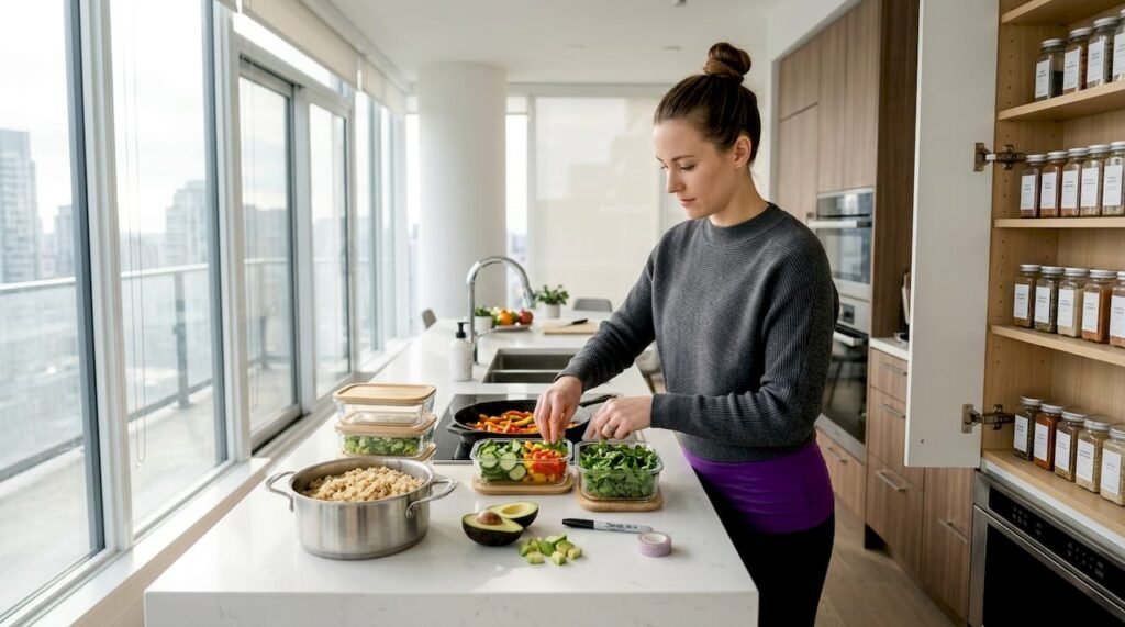 Woman meal prepping Mexican components in bright kitchen