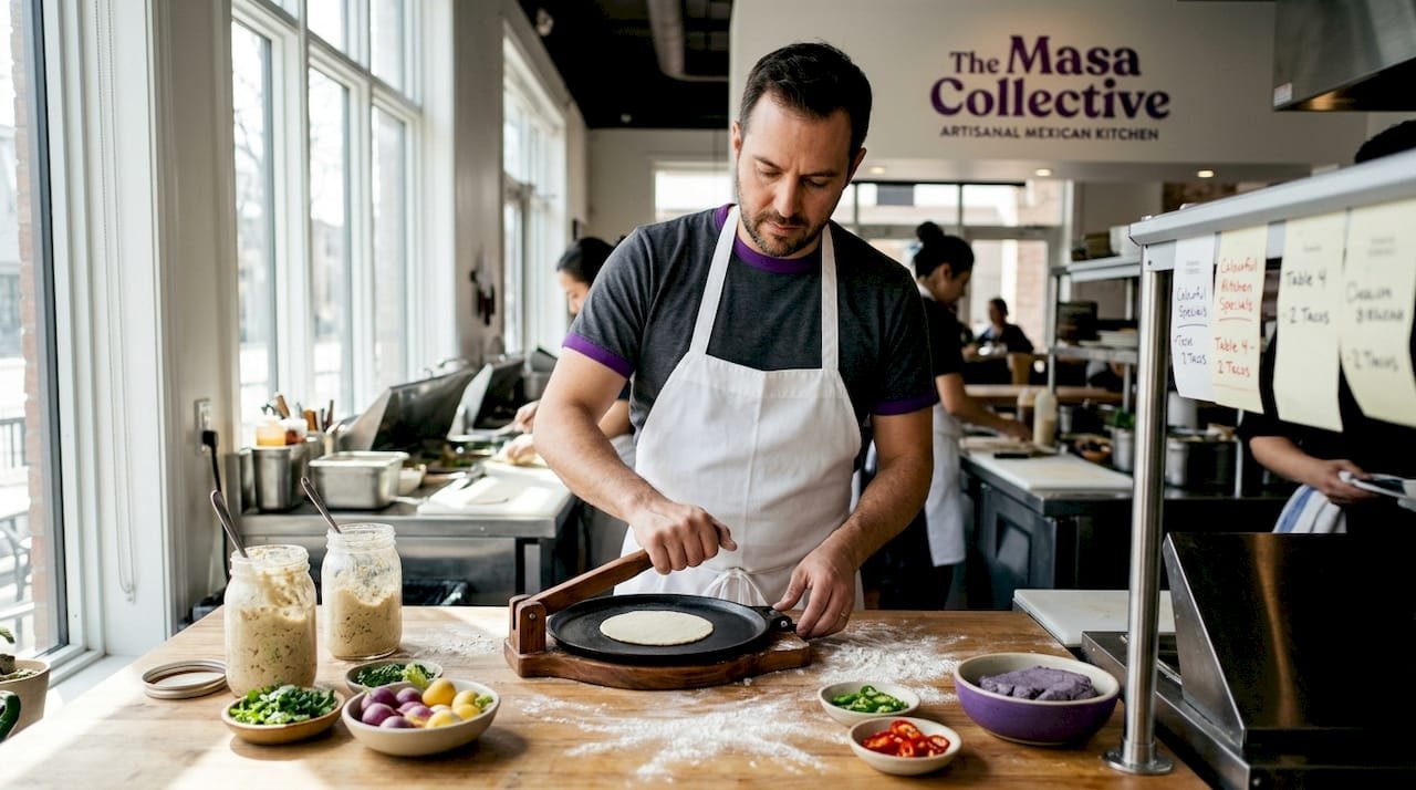 Chef pressing fresh tortillas in restaurant kitchen