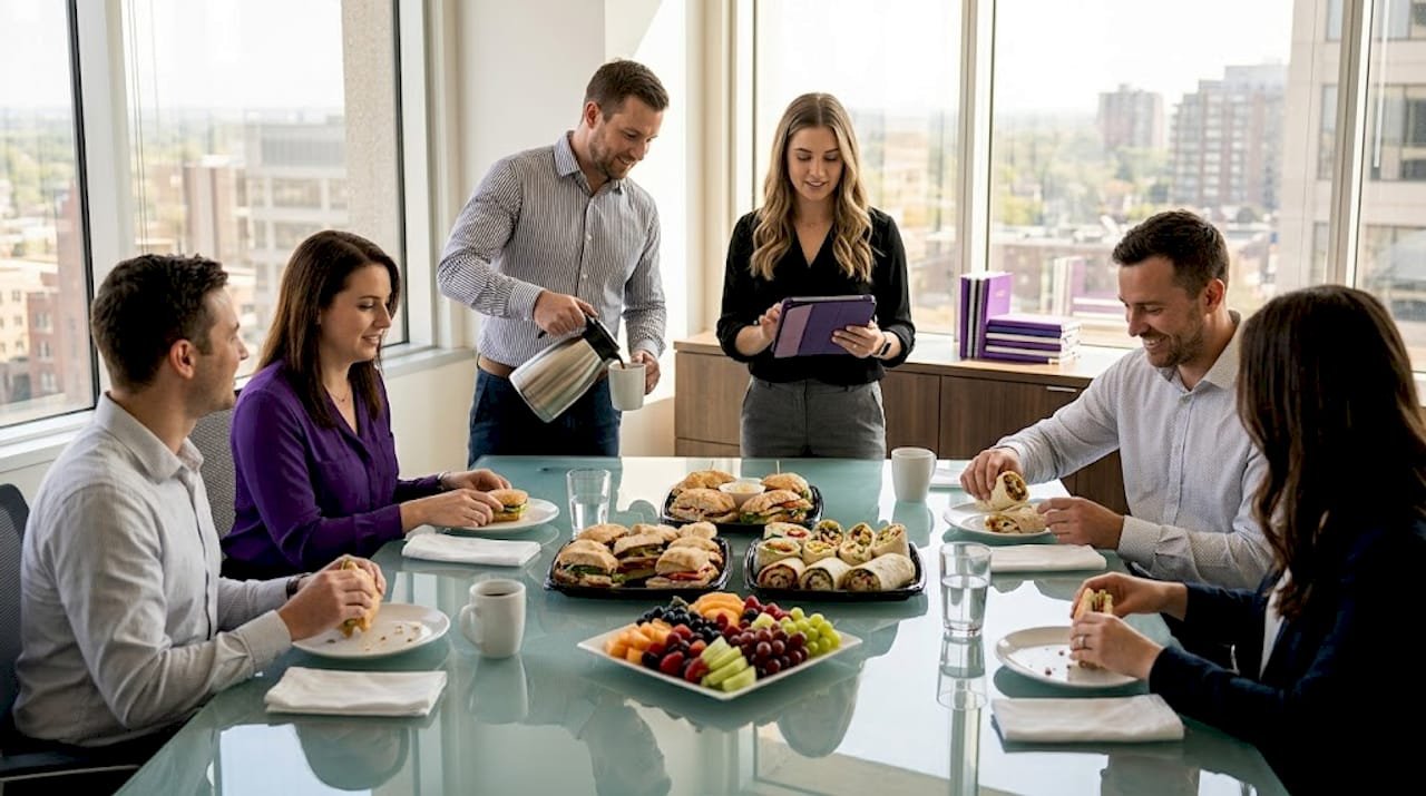 Team enjoying catered lunch in conference room