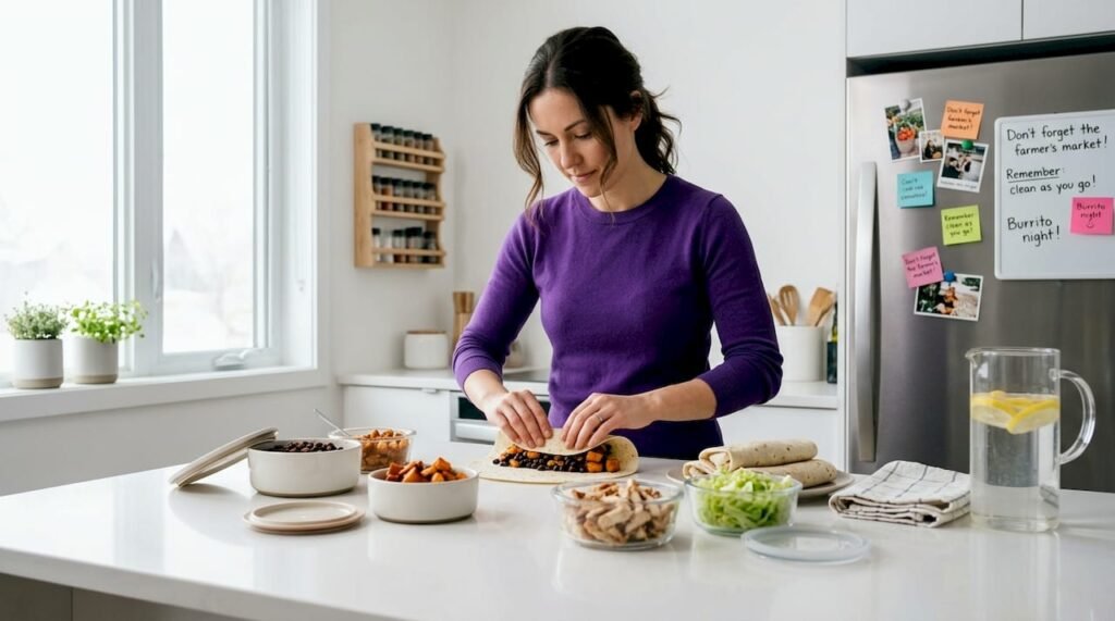 Woman preparing burritos in cozy home kitchen