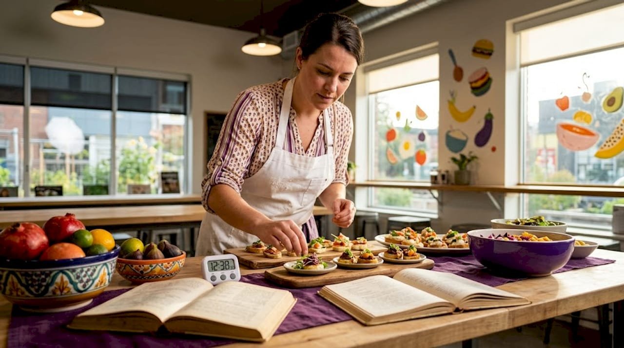 Catering chef arranging food in busy kitchen