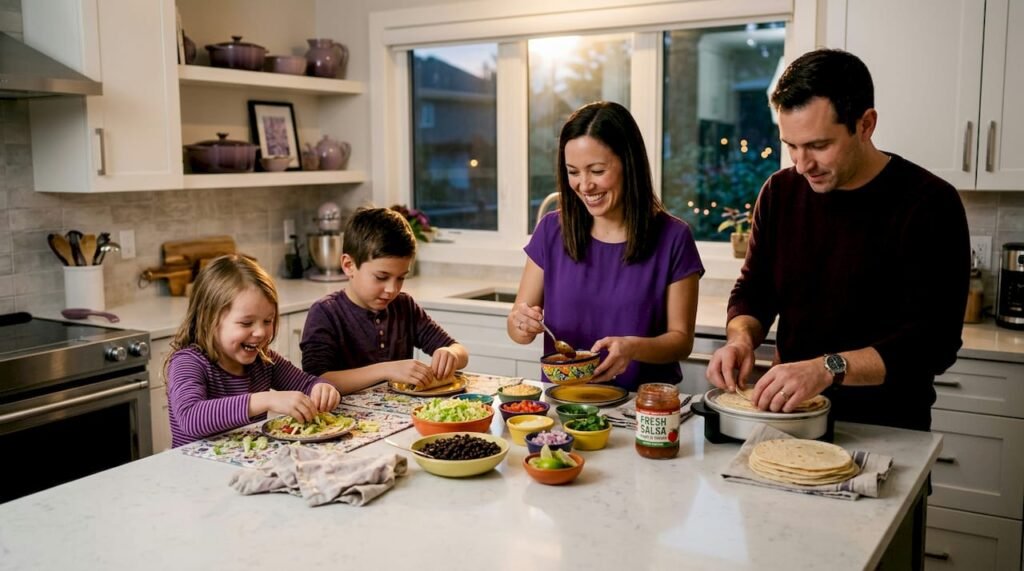 Family preparing tacos at kitchen table