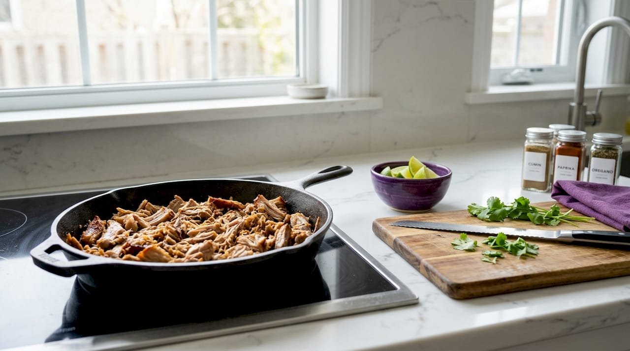 Close-up of crispy carnitas in skillet