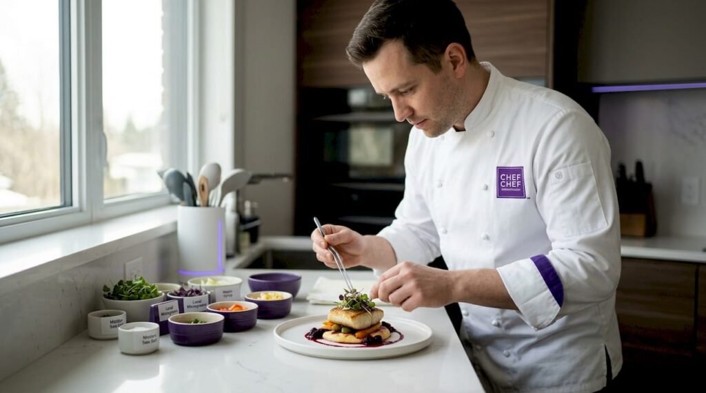 Chef preparing authentic catering dish in kitchen