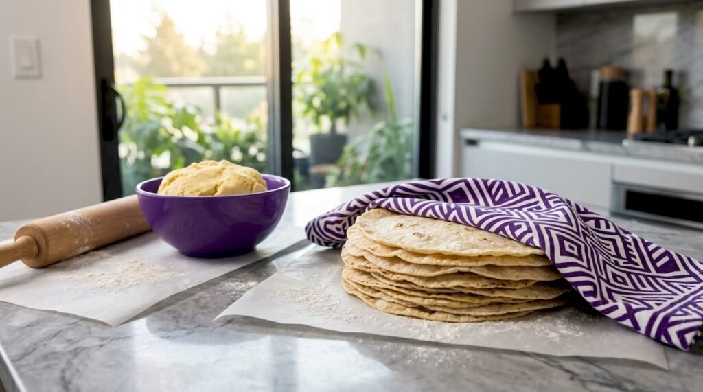 Stack of fresh homemade tortillas on board