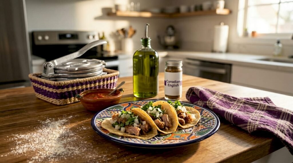 Close-up of authentic tacos on rustic kitchen table