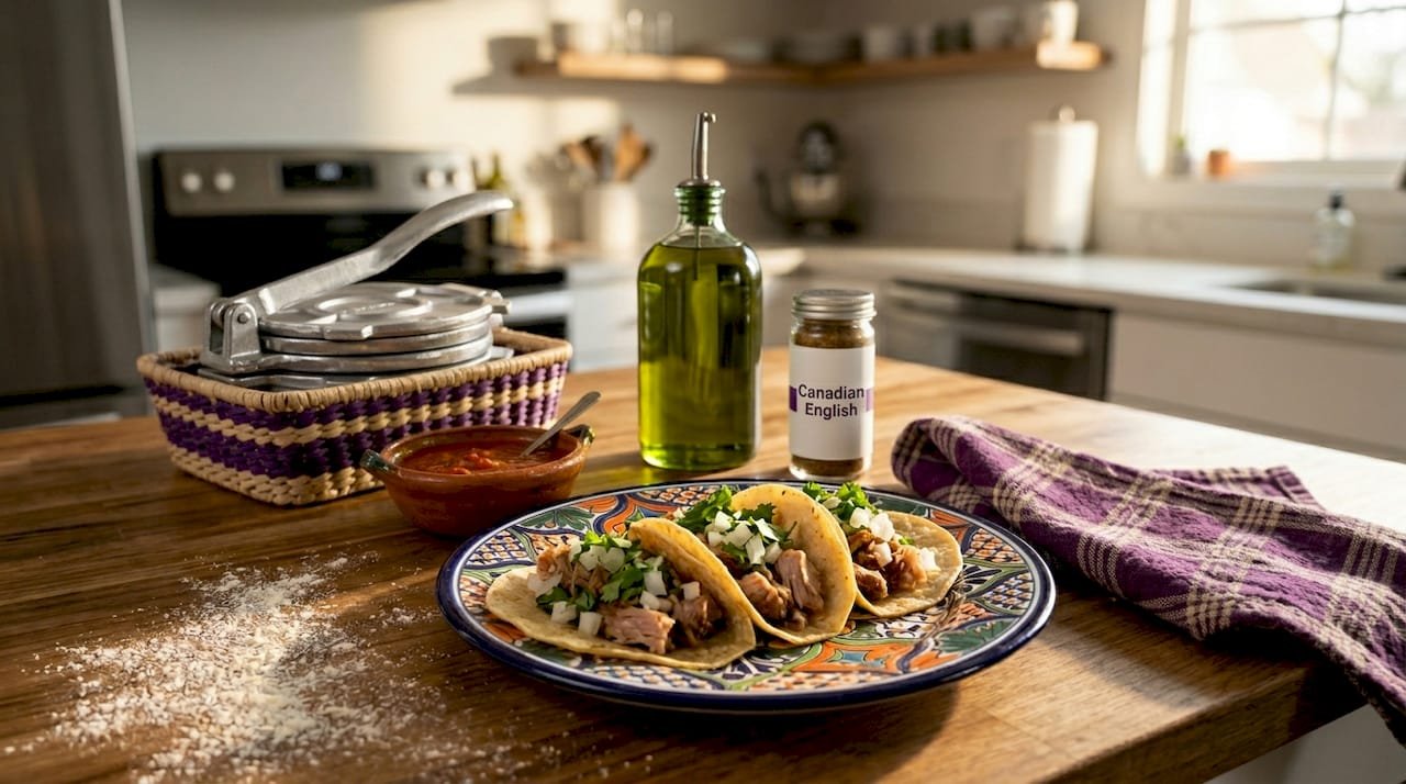 Close-up of authentic tacos on rustic kitchen table
