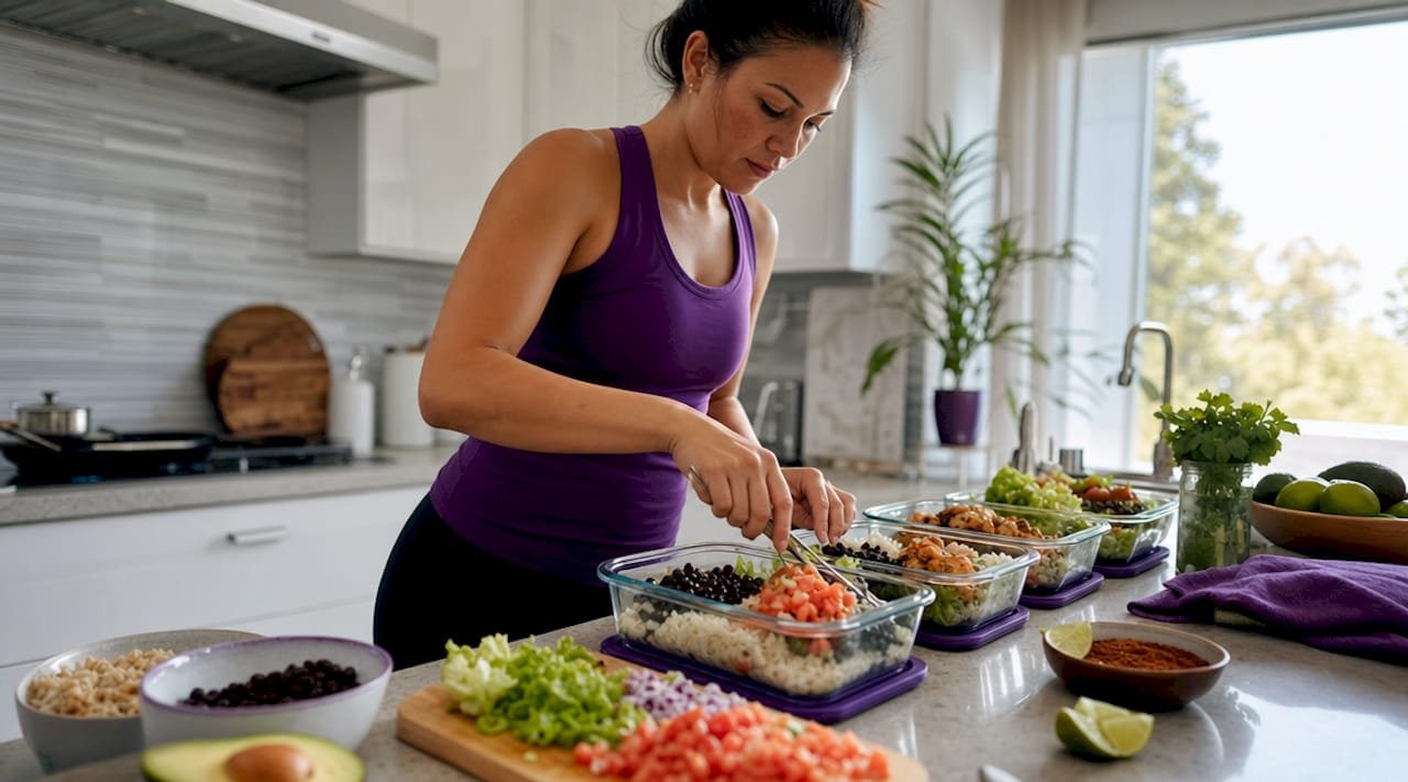 Person assembling meal prep burrito bowls
