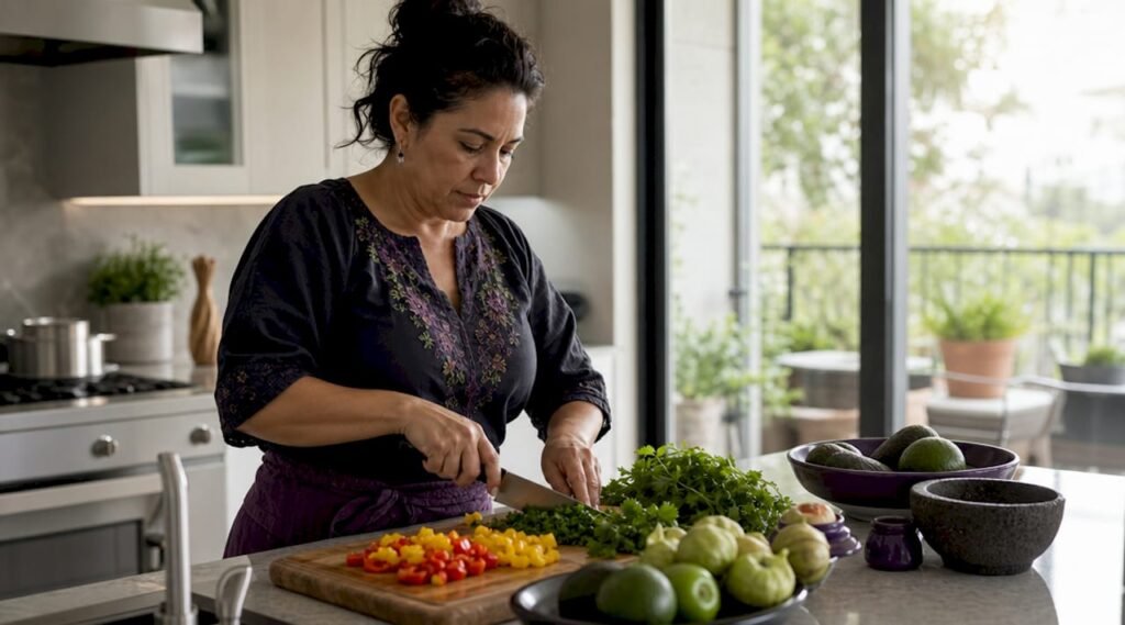 Woman preparing fresh Mexican ingredients in kitchen