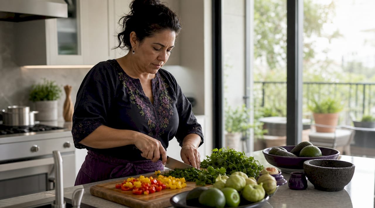 Woman preparing fresh Mexican ingredients in kitchen