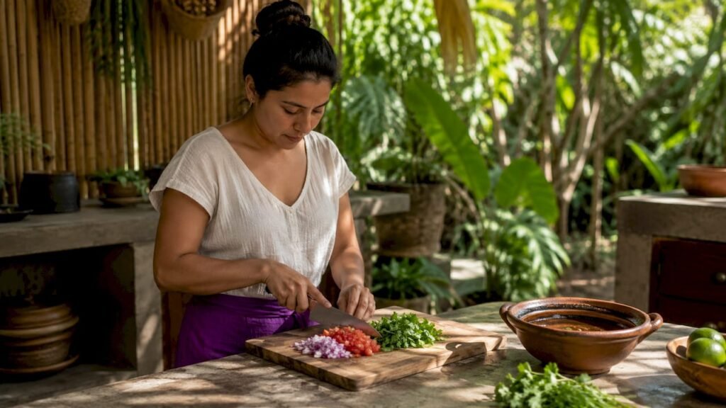 Home cook preparing fresh salsa ingredients