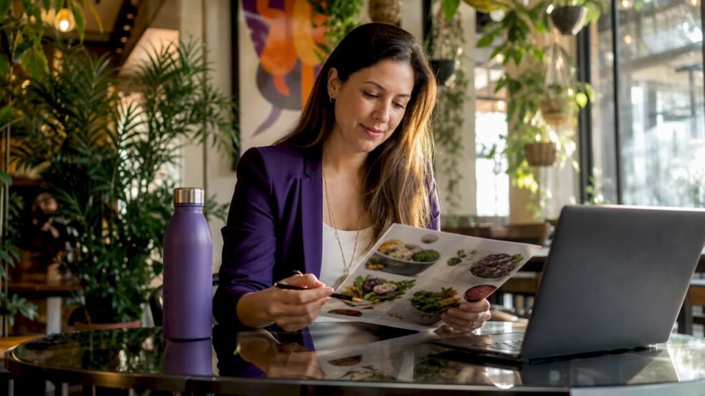 Event planner reviewing vegan menu at co-working space