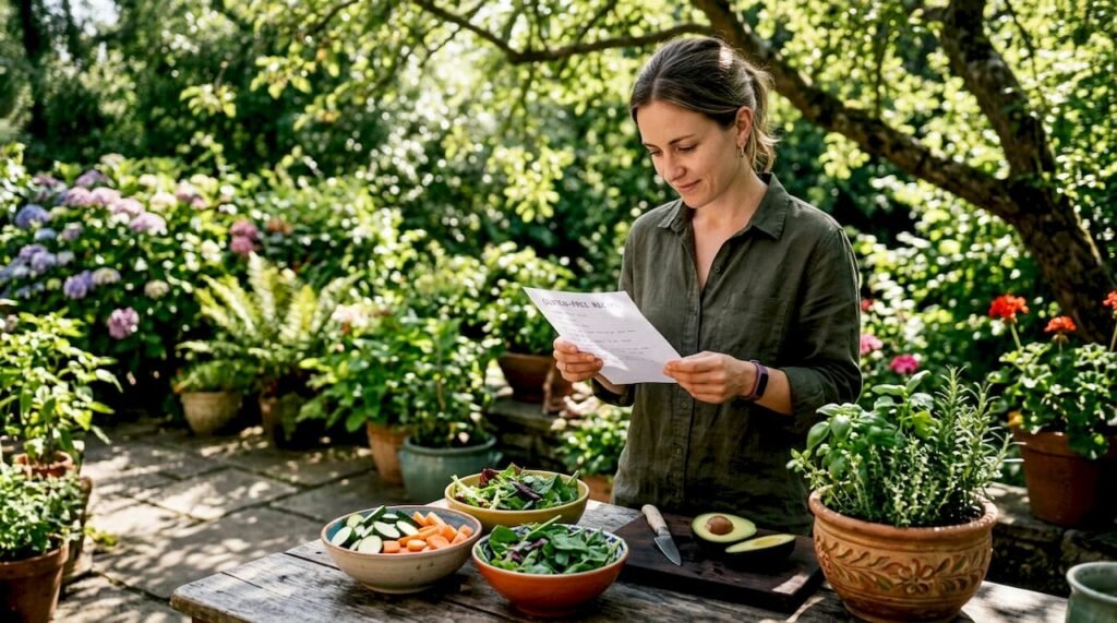 Woman reviewing gluten-free recipe list in kitchen