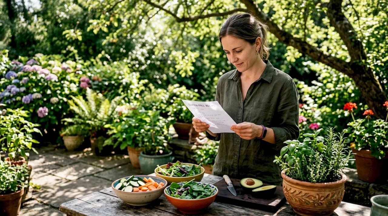 Woman reviewing gluten-free recipe list in kitchen