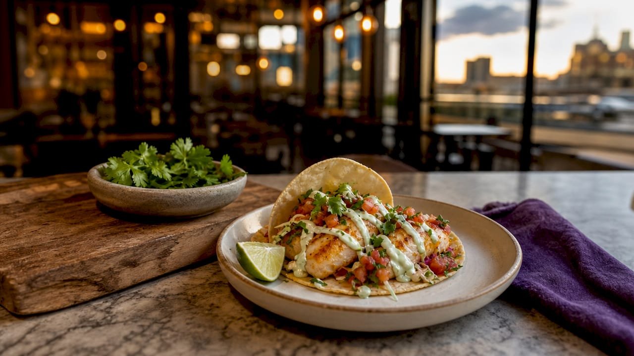 Close-up of Manitoba whitefish taco on wooden table