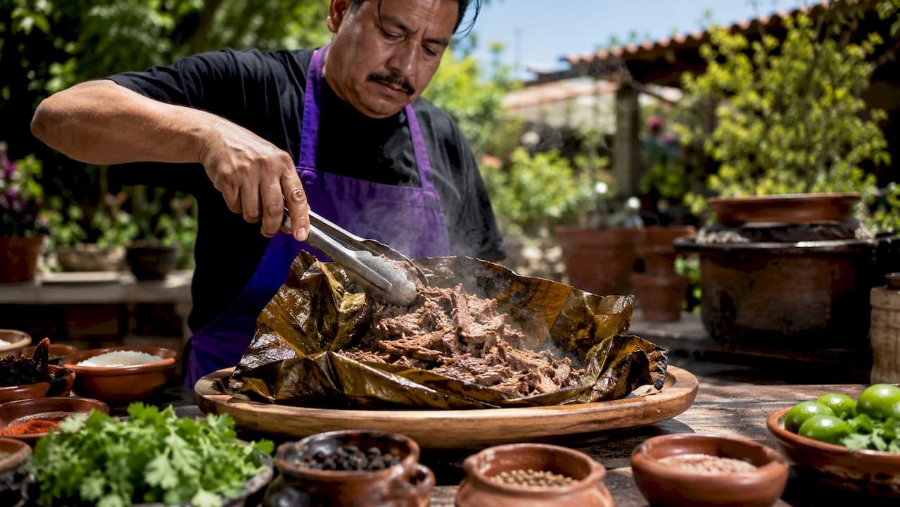 Cook preparing traditional barbacoa meat outdoors