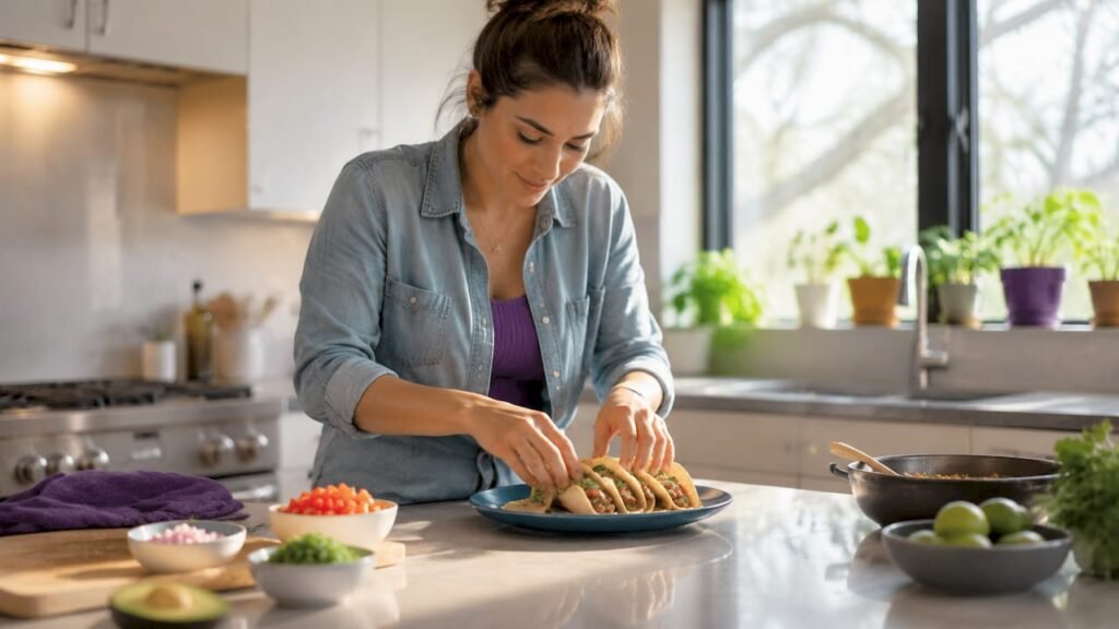 Woman assembling gluten-free tacos in kitchen