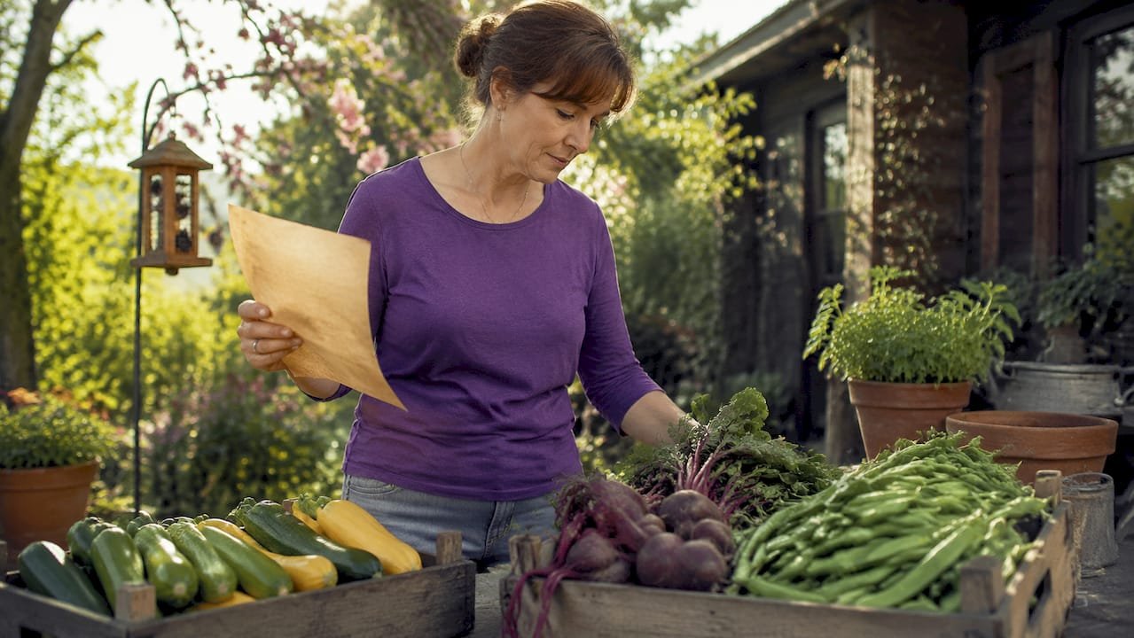 Home cook planning seasonal menu in kitchen