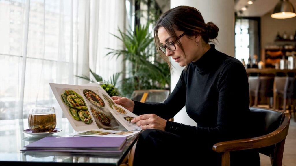 Event planner reviewing healthy catering menus