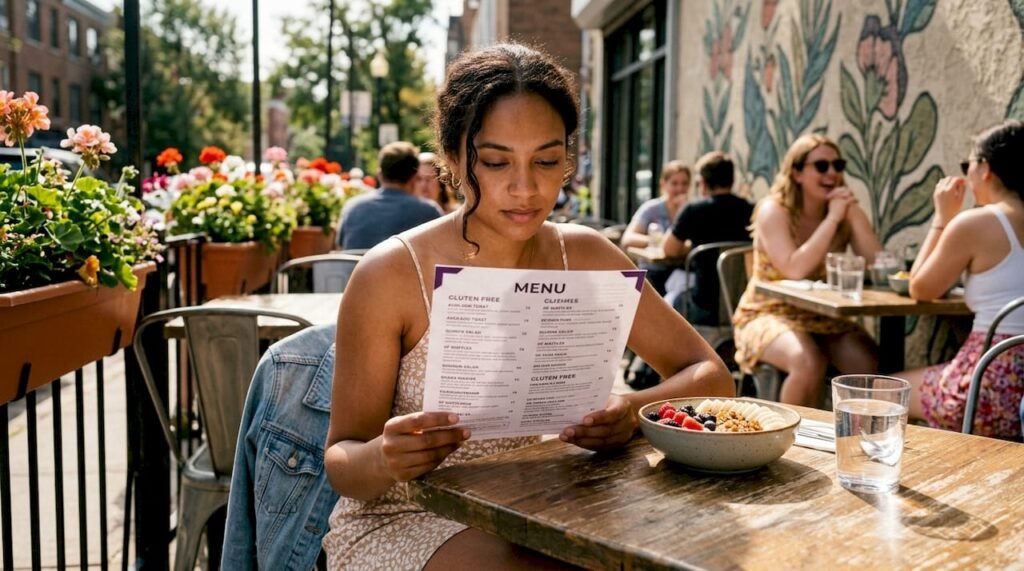 Woman reading gluten-free menu at restaurant