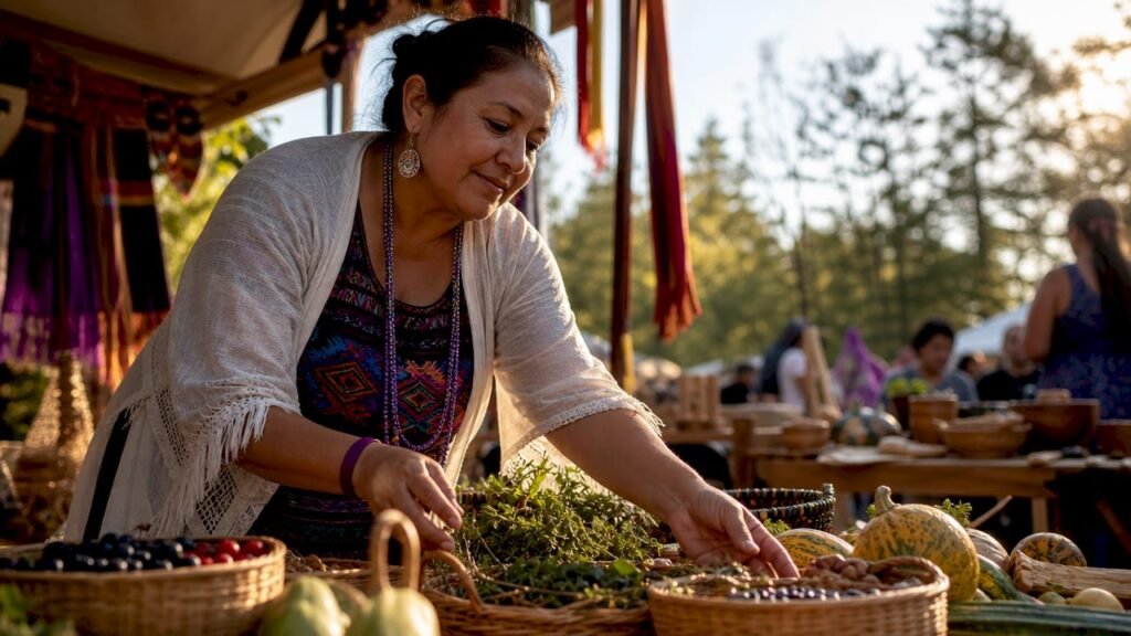 Woman arranging local traditional produce at market