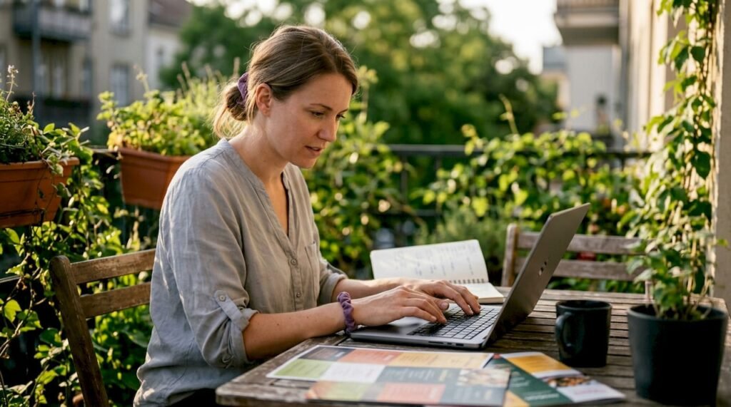 Event planner customizing catering menu at home office