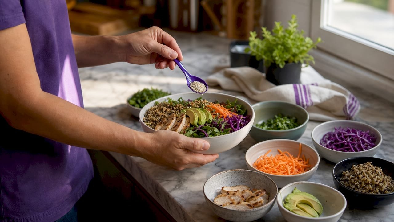 Hands preparing customizable fast-casual meal bowl overhead