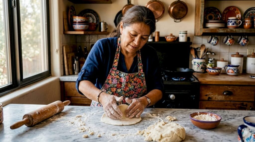 Woman rolling fresh tortilla dough in home kitchen