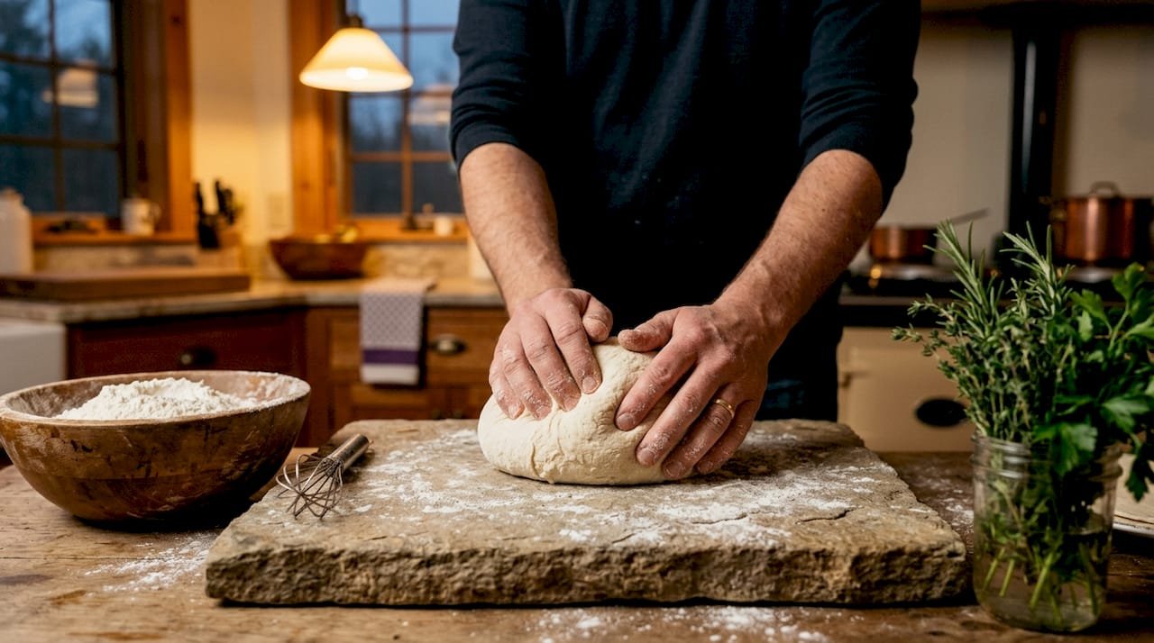 Hands preparing flour tortilla dough with butter and lard